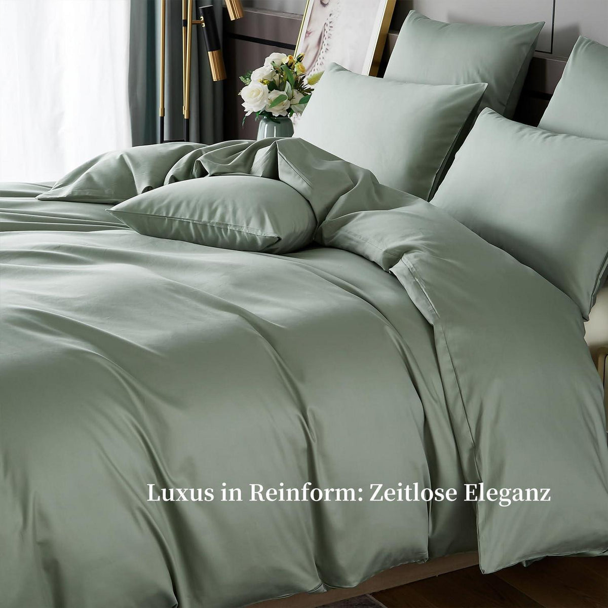Satin Bettwäsche Set 200x220 cm Baumwolle Grün Salbeigrün