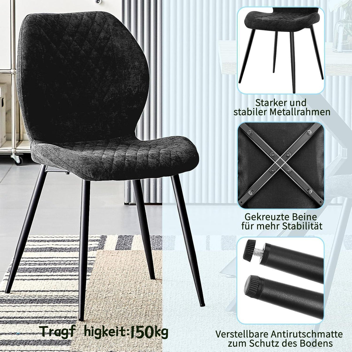 Gepolsterte Esszimmerstühle 4er Set – Modern & Ergonomisch Schwarz