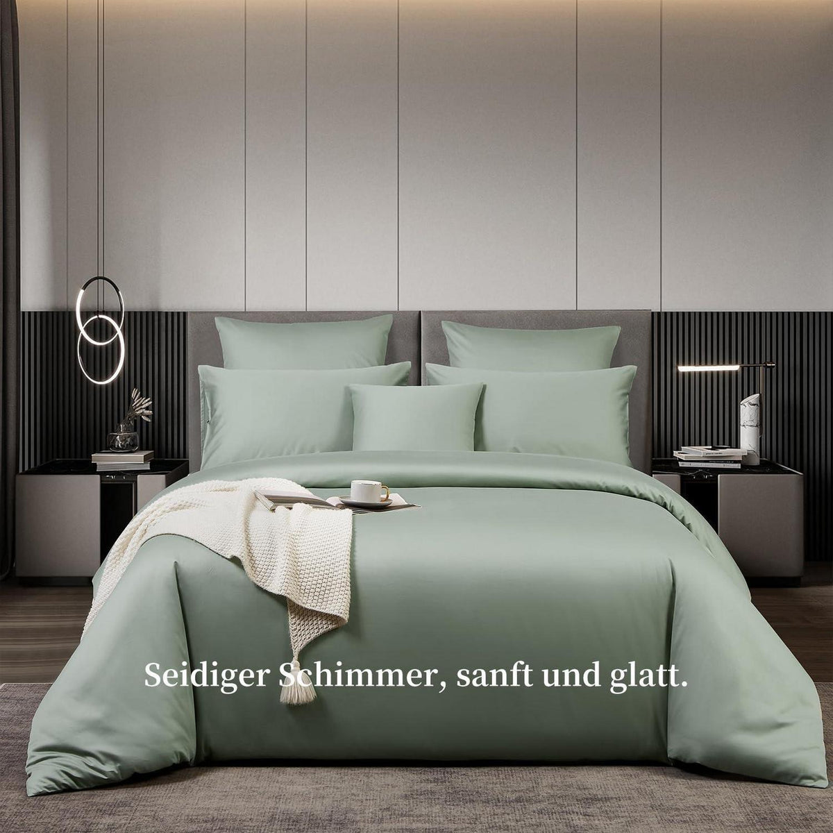 Satin Bettwäsche Set 220x240 cm, Grün Salbeigrün, Baumwolle