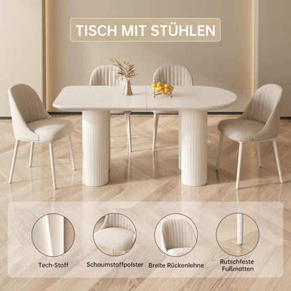 Moderner Esstisch Weiß mit 4 Polsterstühlen – Esszimmer Set 140cm