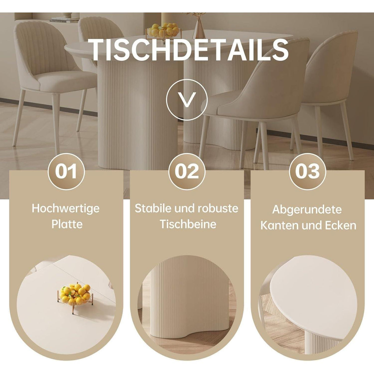 Moderner Esstisch Weiß mit 4 Polsterstühlen – Esszimmer Set 140cm