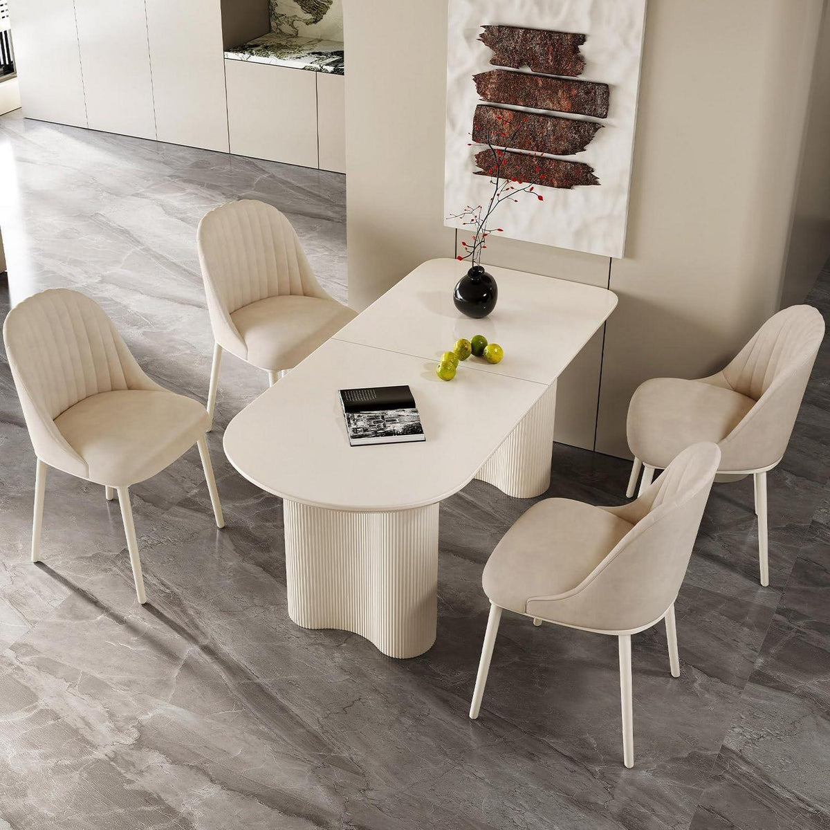 Moderner Esstisch Weiß mit 4 Polsterstühlen – Esszimmer Set 180cm
