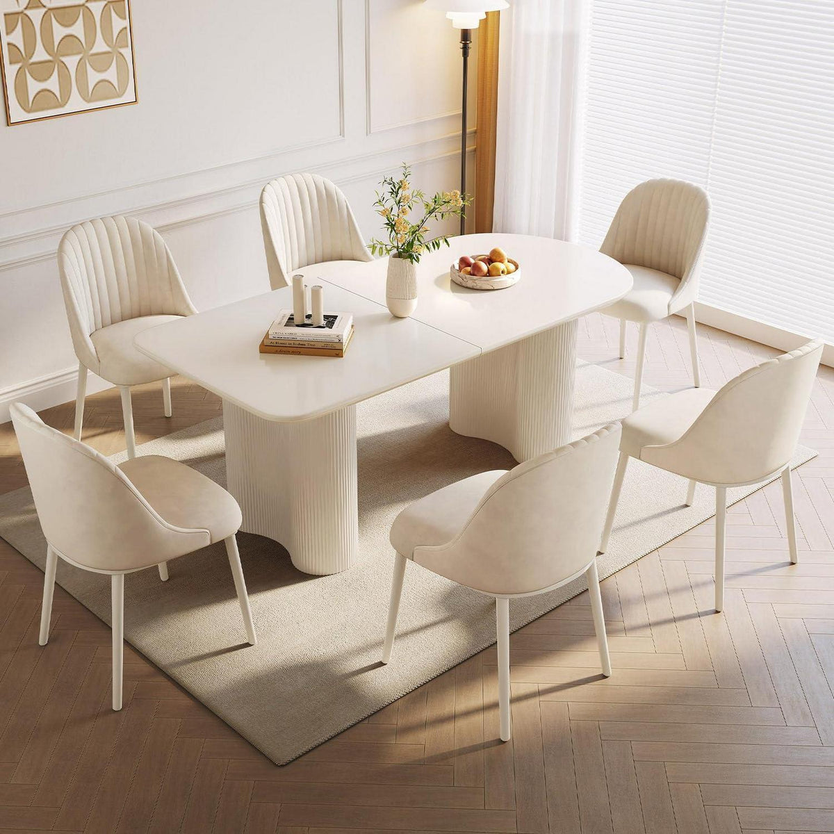 Moderner Esstisch Weiß mit 6 Polsterstühlen – Esszimmer Set 160cm