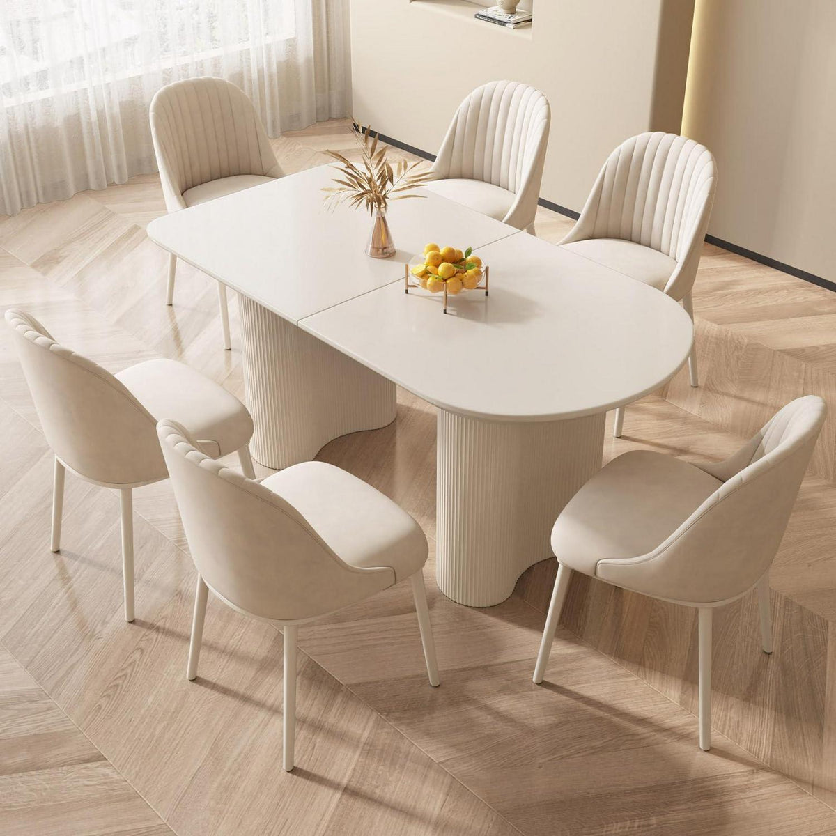 Moderner Esstisch Weiß mit 6 Polsterstühlen – Esszimmer Set 140cm
