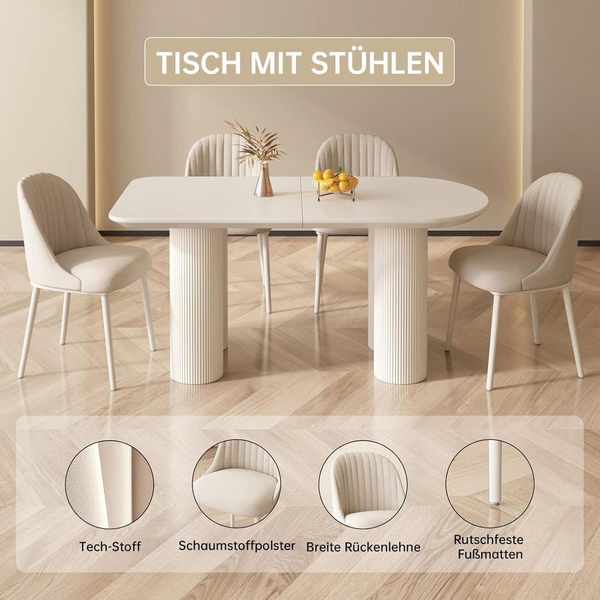 Moderner Esstisch Weiß mit 6 Polsterstühlen – Esszimmer Set 140cm