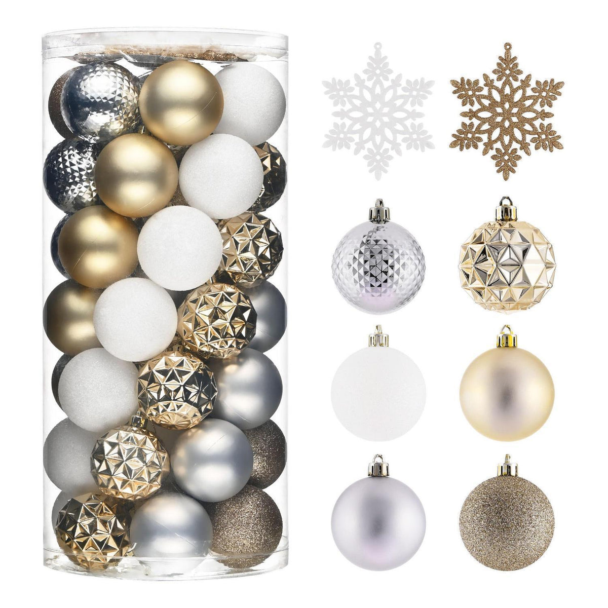 50 Weihnachtskugeln Weiß Gold Kunststoff mit Aufhänger