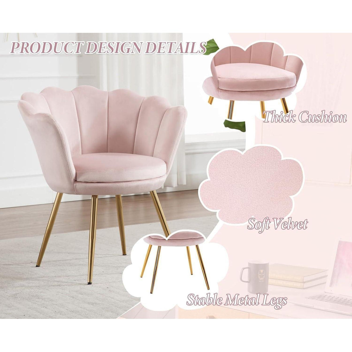 Samt Sessel Wohnzimmer mit Goldfuß & Blumenform