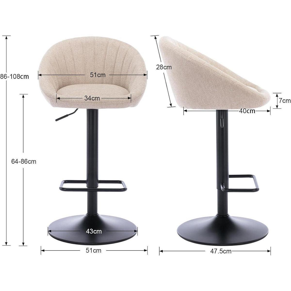 Gepolsterte Barhocker 2er Set, Höhenverstellbar & Drehbar
