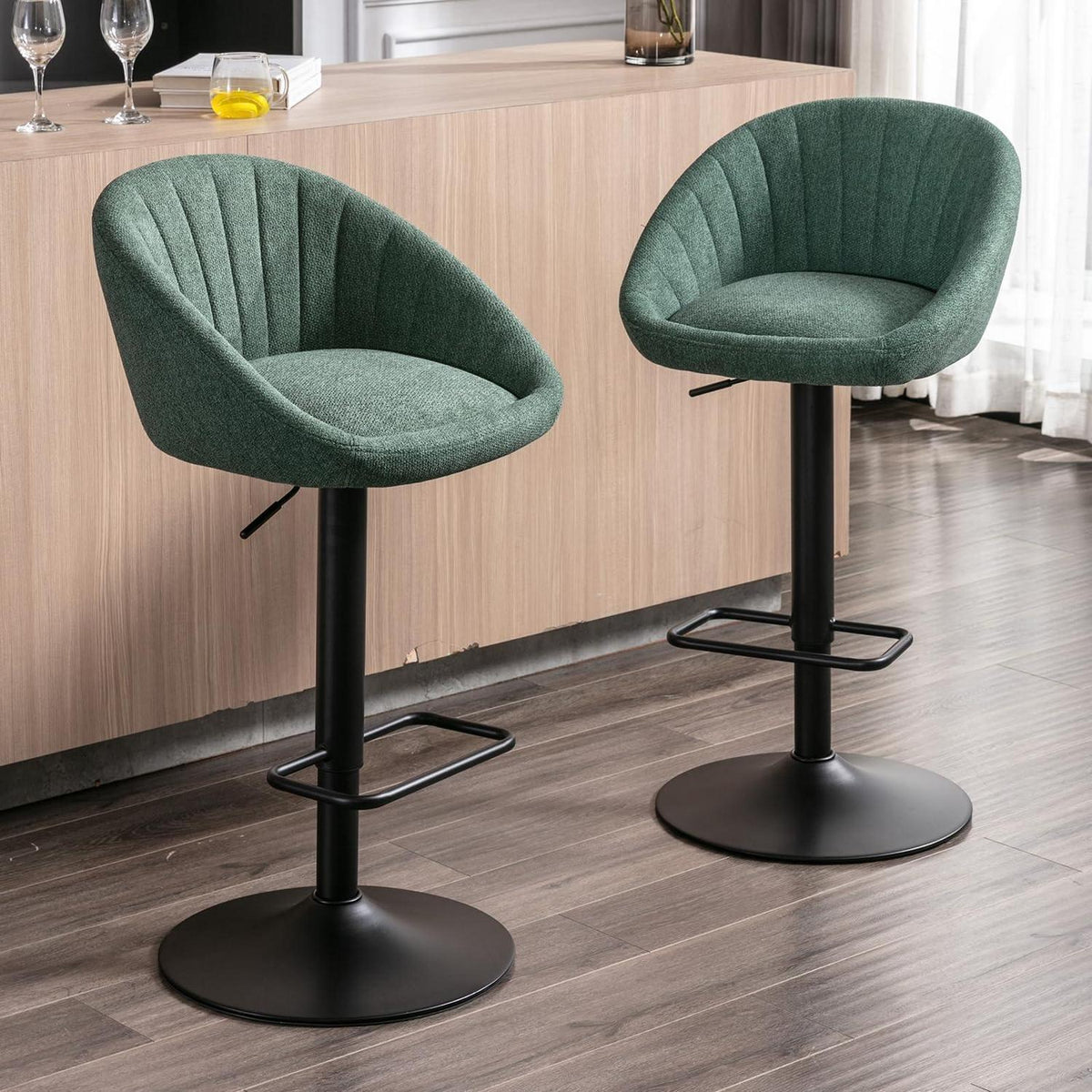 Gepolsterte Barhocker 2er Set, Grün, Höhenverstellbar & Drehbar