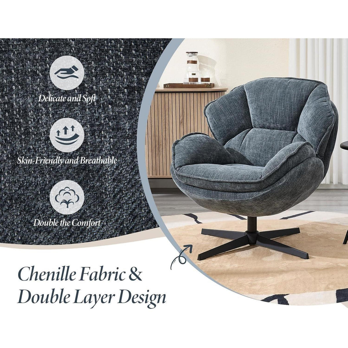 Drehbarer Loungesessel Blau – Chenille Gepolstert & Komfortabel