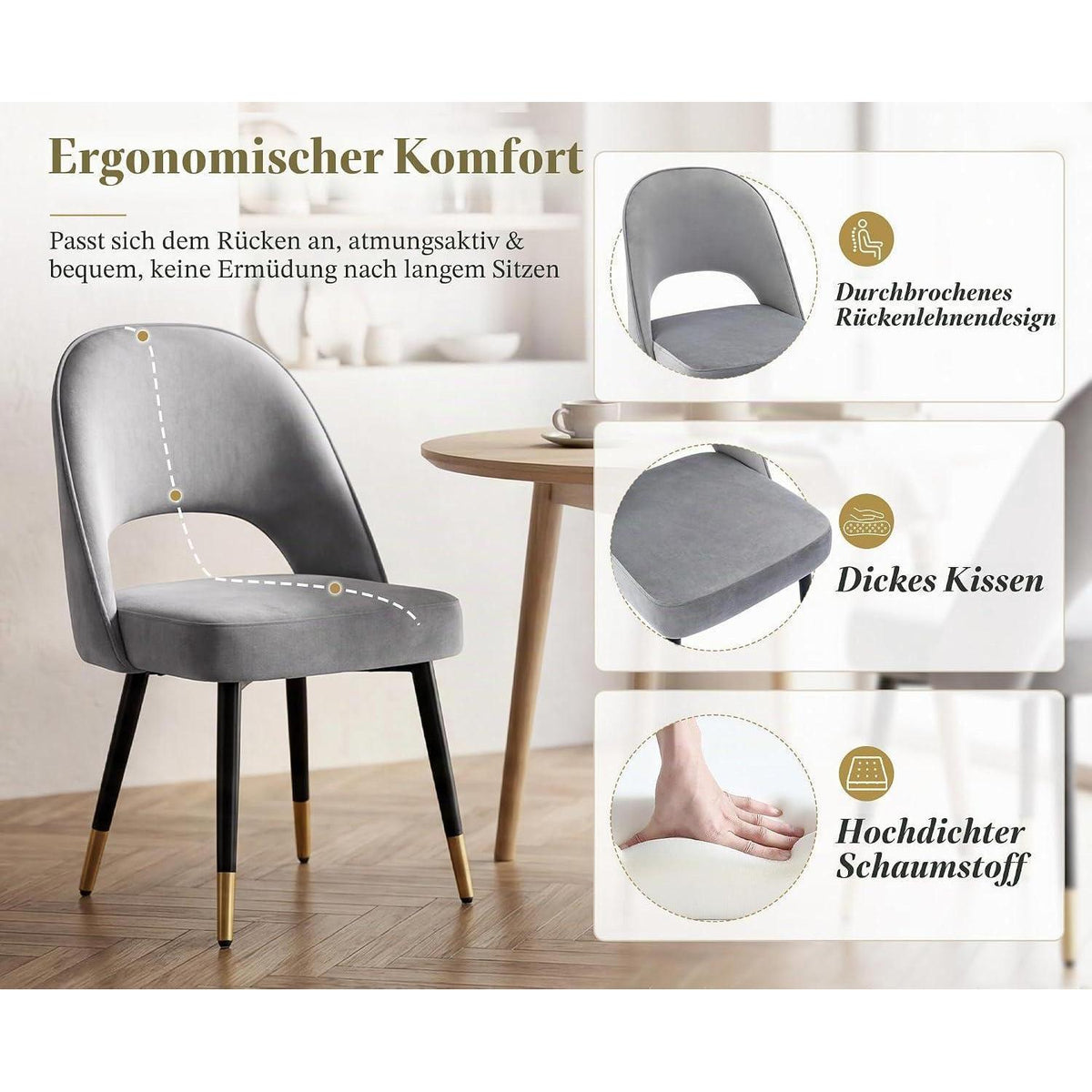 Ya-Home Esszimmerstühle 2er Set Grau, Polsterstuhl mit Metallbeinen
