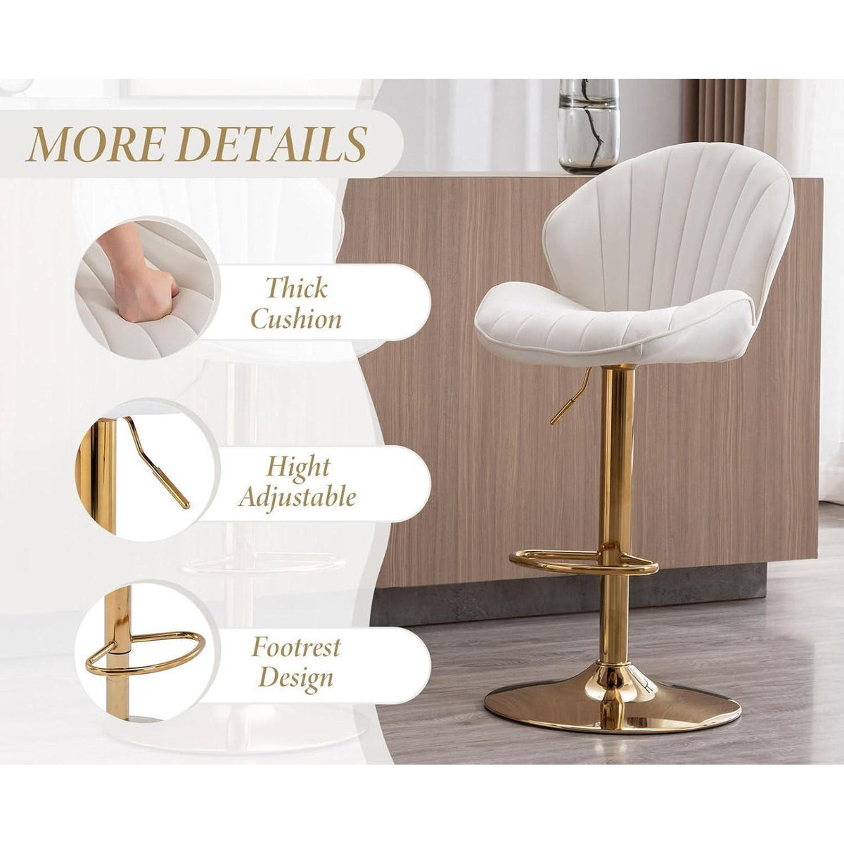 Beige Samt Barhocker 2er Set, höhenverstellbar