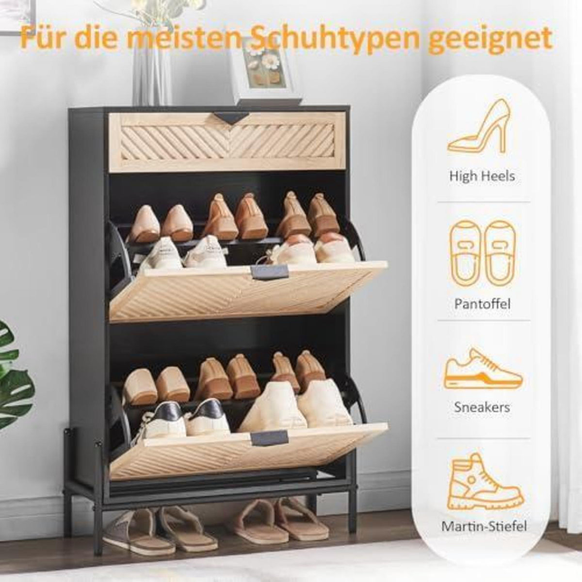 Schmaler Schuhschrank mit Klappe & Schublade, Eiche & Schwarz