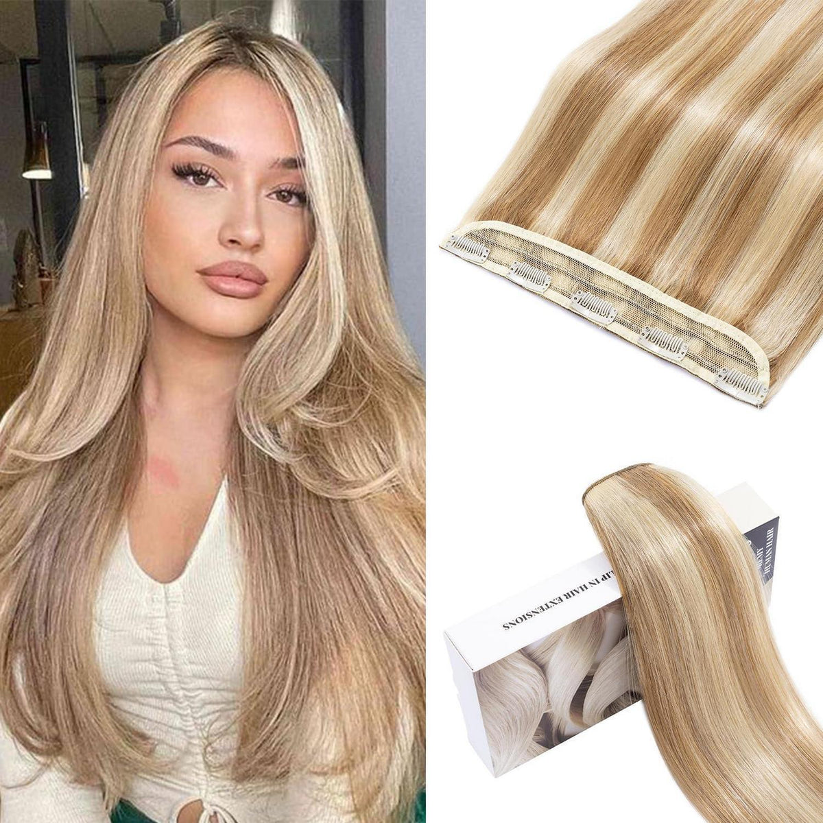 Echthaar Haarverlängerung Clip-In, Hellgolden Blond/Weißblond