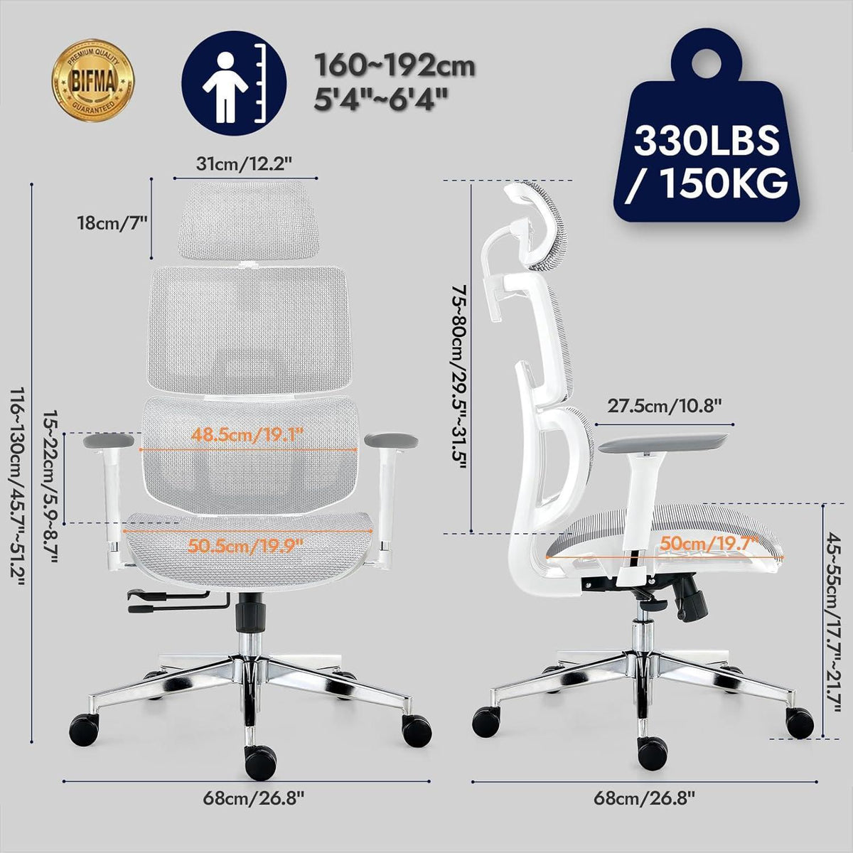 Ergonomischer Bürostuhl mit Lendenwirbelstütze, 150kg, Weiß
