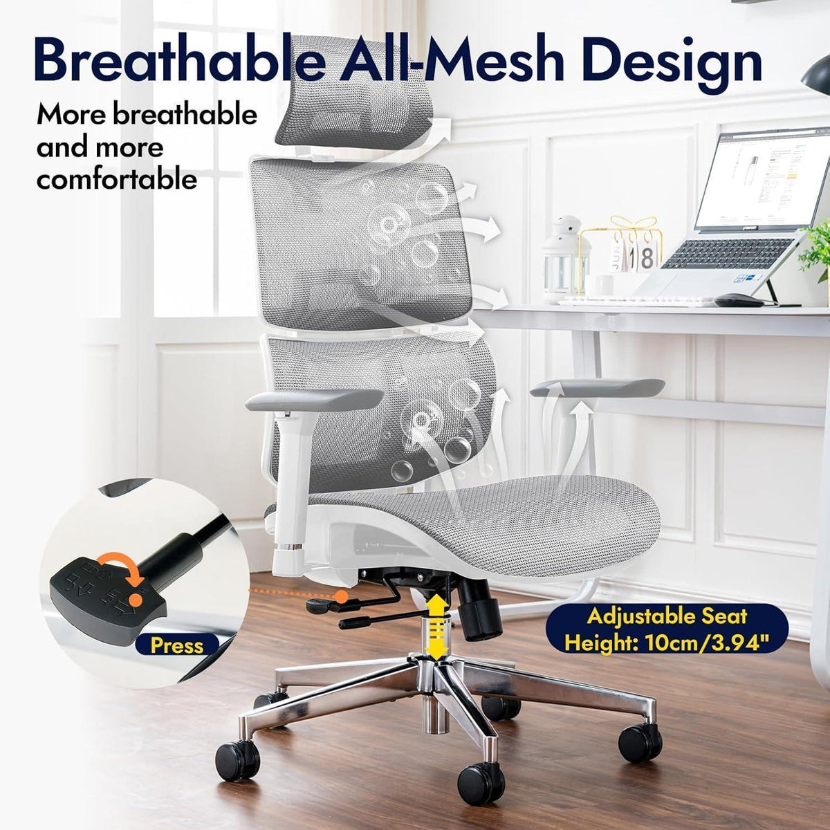Ergonomischer Bürostuhl mit Lendenwirbelstütze, 150kg, Weiß