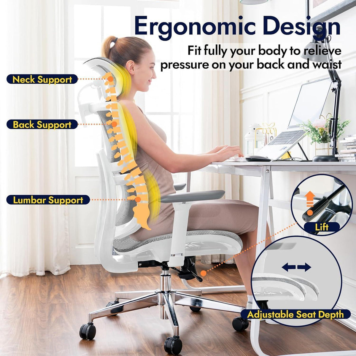 Ergonomischer Bürostuhl mit Lendenwirbelstütze, 150kg, Weiß