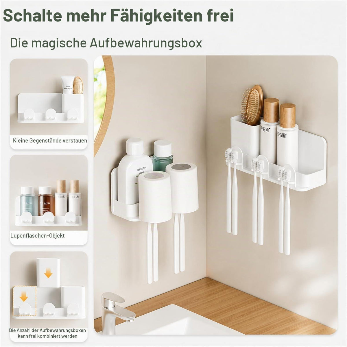 Wandmontierter Zahnbürstenhalter mit 3 Bechern & Fächern