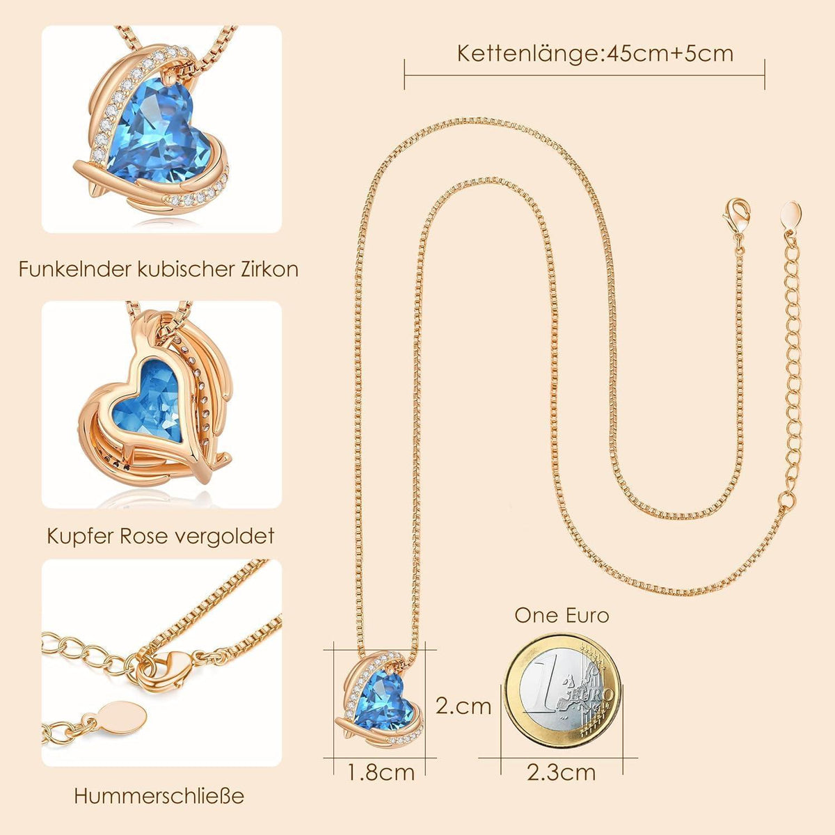 Herz Halskette Rosegold mit Kristallanhänger, Geschenkbox