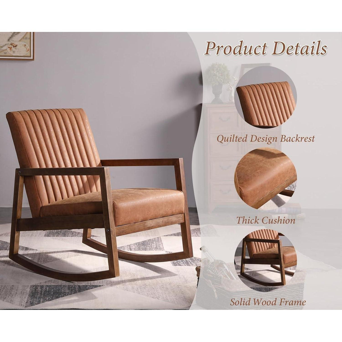 Schaukelstuhl Holz mit Armlehnen – Bequemer Retro Sessel Braun