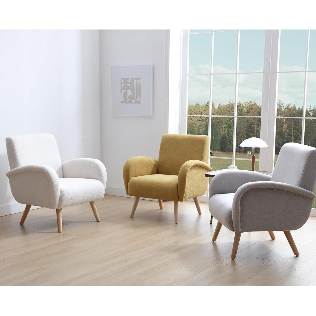 Weißer Kunstfell Sessel mit Holzbeinen – Wohnzimmer Lounge Sessel