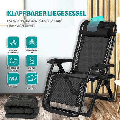 Klappbare Sonnenliege 2er Set mit Kissen & Getränkehalter, Schwarz