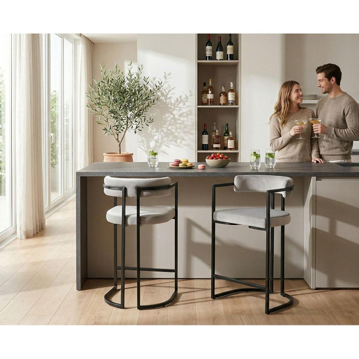 Barhocker Set Grau – Samt & Metall, 66cm Sitzhöhe