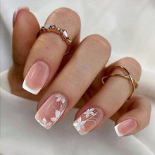 Press on Nails Set Weiße Square French Tip Blumen Design 24 Stück