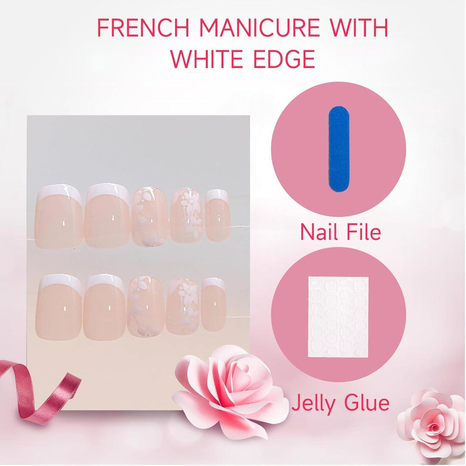 24x Pink Weiße French Tip Square Press on Nägel Blumendesign