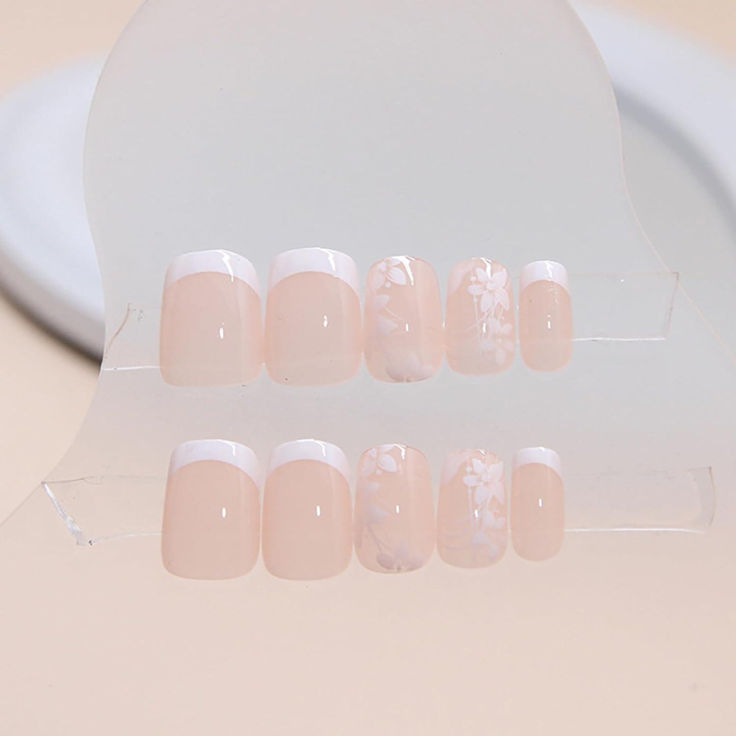 Kurze weiße French Tip Press on Nägel mit Blumenmuster 24 Stück