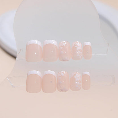 Kurze weiße French Tip Press on Nägel mit Blumenmuster 24 Stück