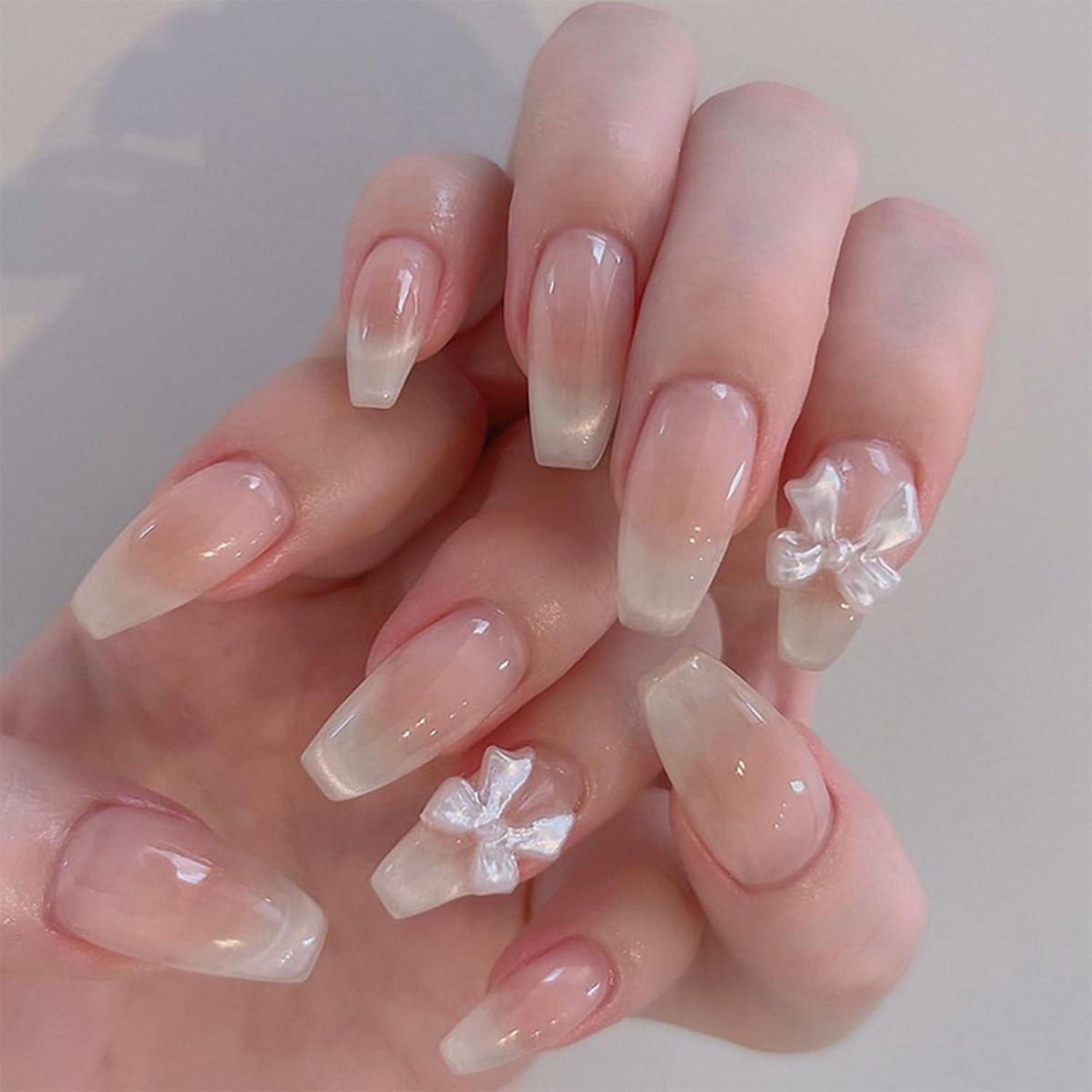 24er Set Medium Sargform Fake Nails mit Cute Bow Nail Charms