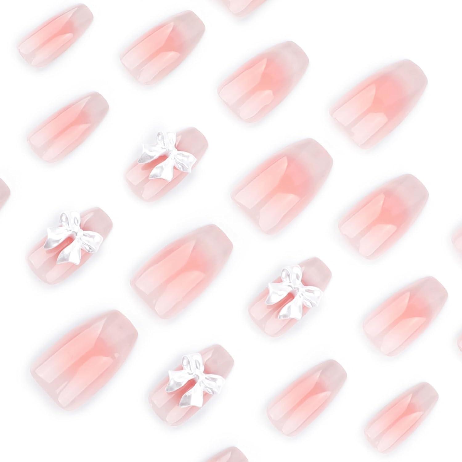 24er Set Medium Sargform Fake Nails mit Cute Bow Nail Charms