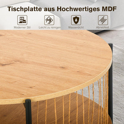 Runder Couchtisch Holz mit gewebten Papierquasten, Metallrahmen - Wohnzimmer Beistelltisch
