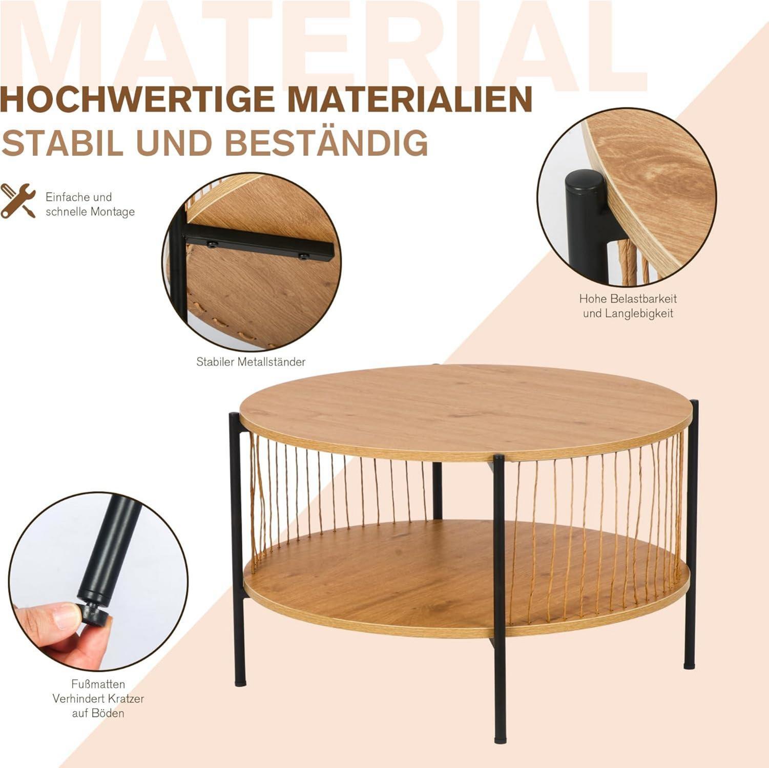 Runder Couchtisch Holz Satztisch Quasten Beistelltisch 2 Etagen