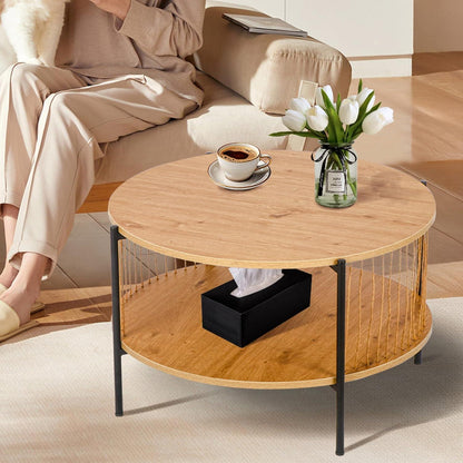 Couchtisch Rund Holz mit gewebten Papierquasten und Metallrahmen