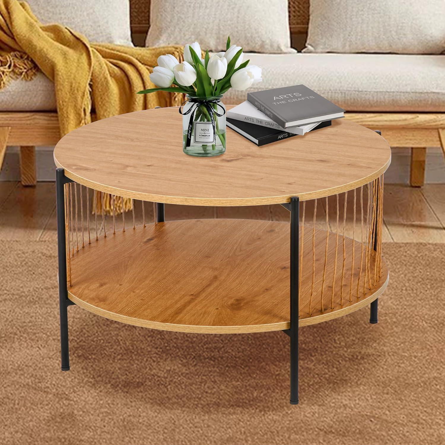 Runder Couchtisch Holz mit gewebten Papierquasten, Metallrahmen - Wohnzimmer Beistelltisch