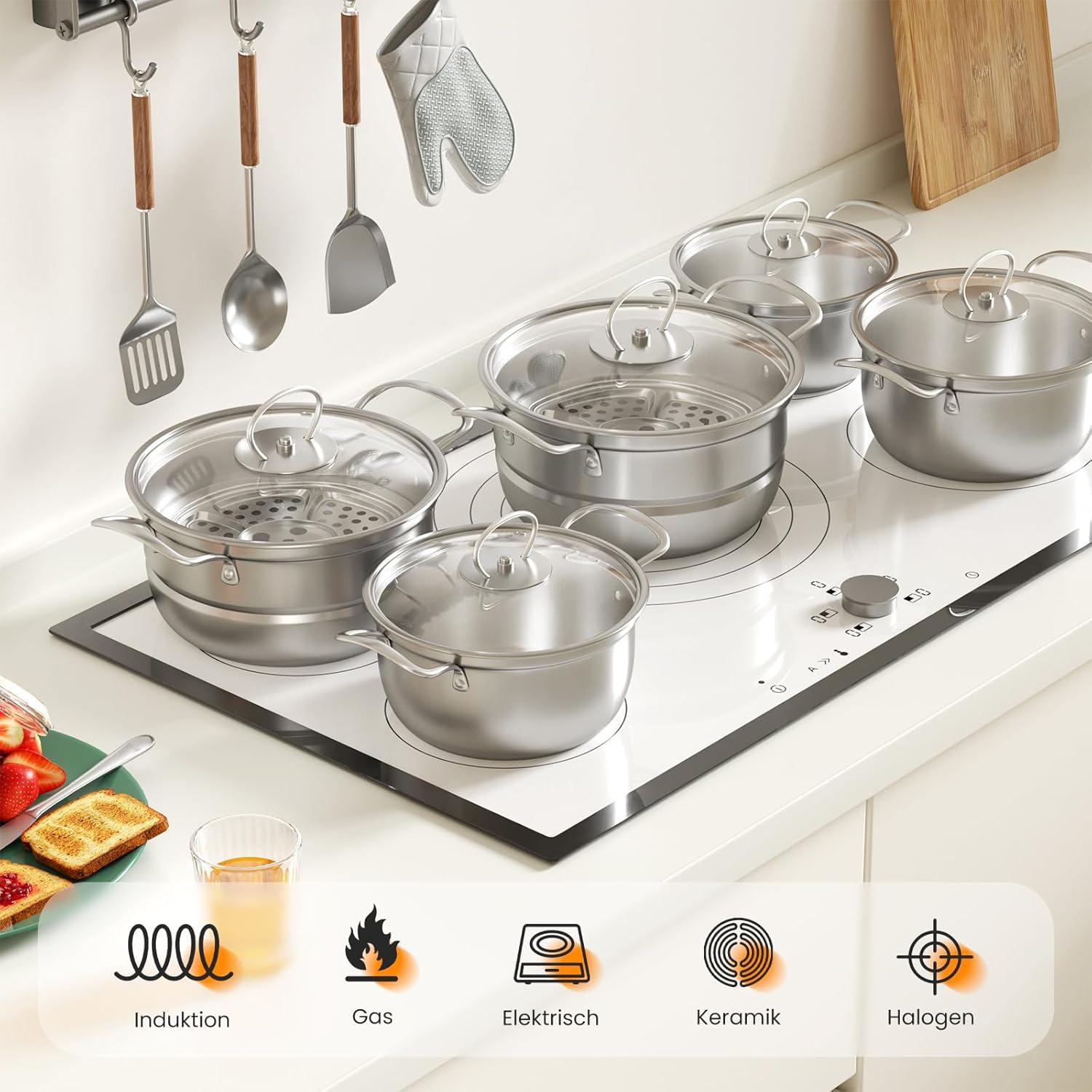 Edelstahl Topfset 12-teilig mit Glasdeckel, Induktion