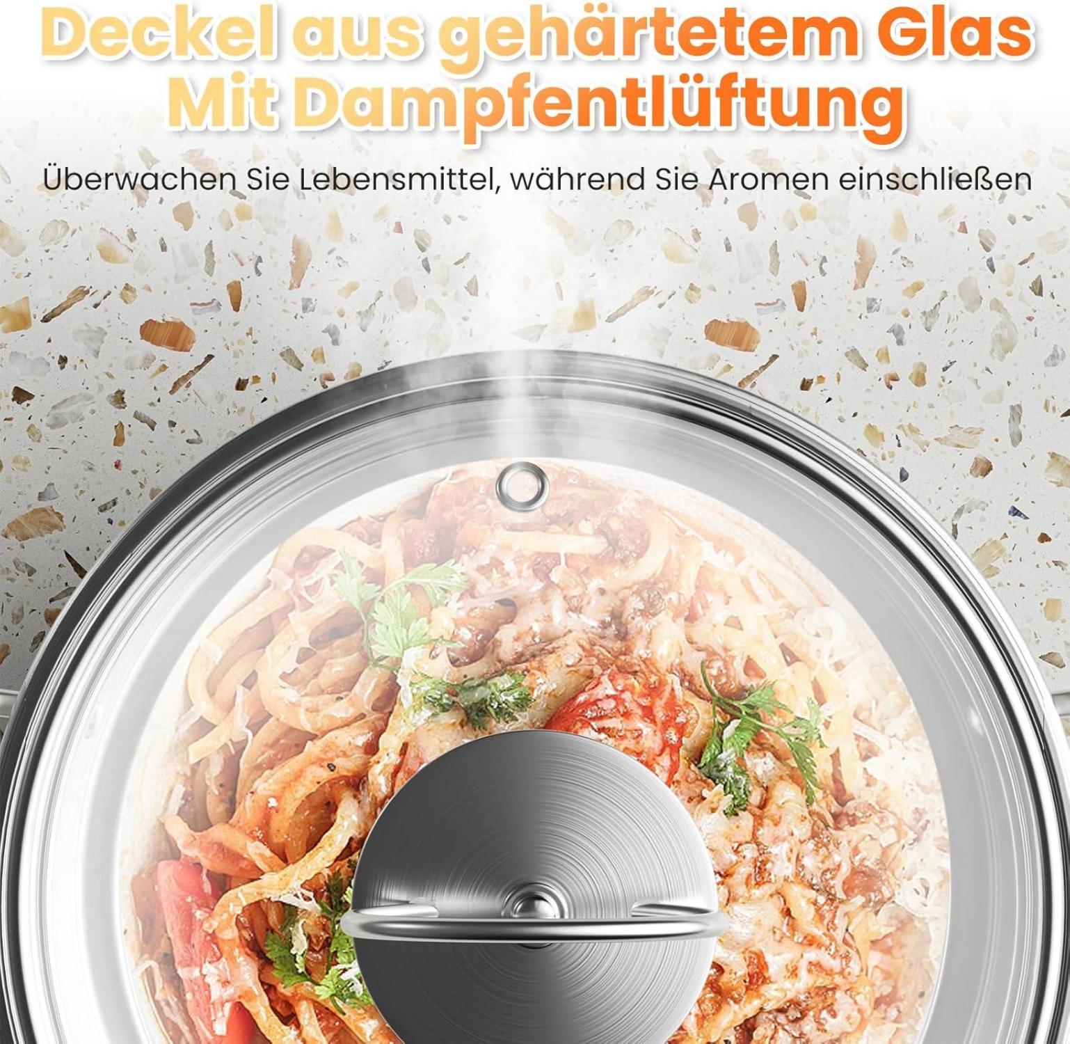 Topfset Edelstahl 12-teilig Glasdeckel Stielkasserolle Geeignet für alle Herdarten