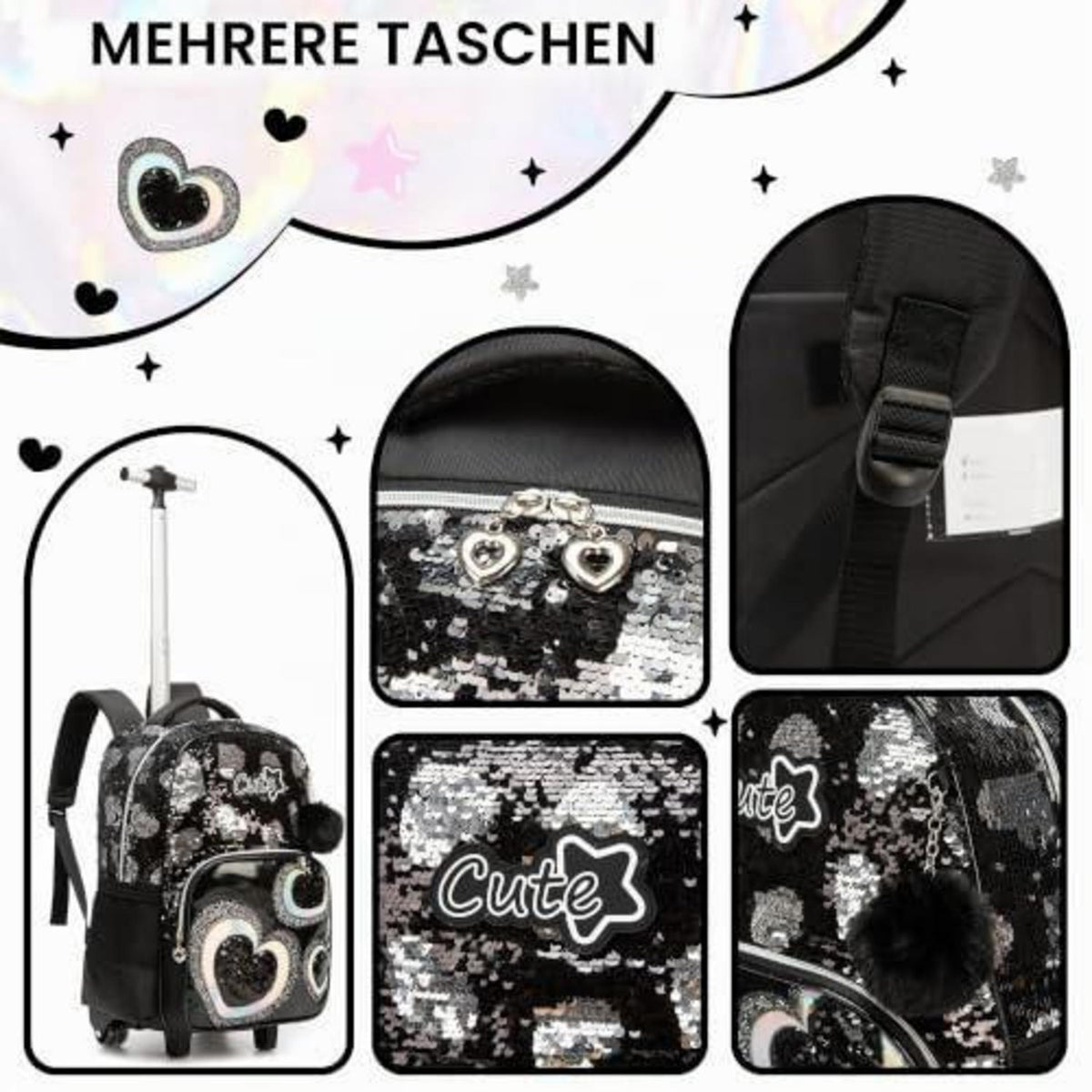 Kinder Rucksack mit Rollen & Trolley Set Schwarz Herz