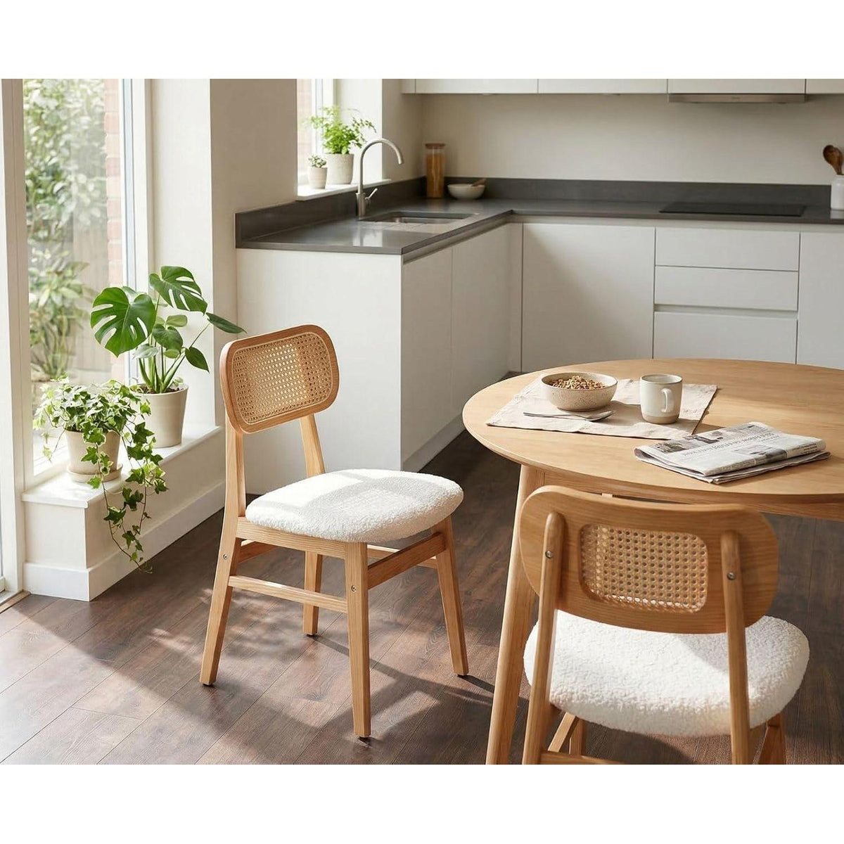 Esszimmerstühle 2er Set Kunstfell Rattan Beige
