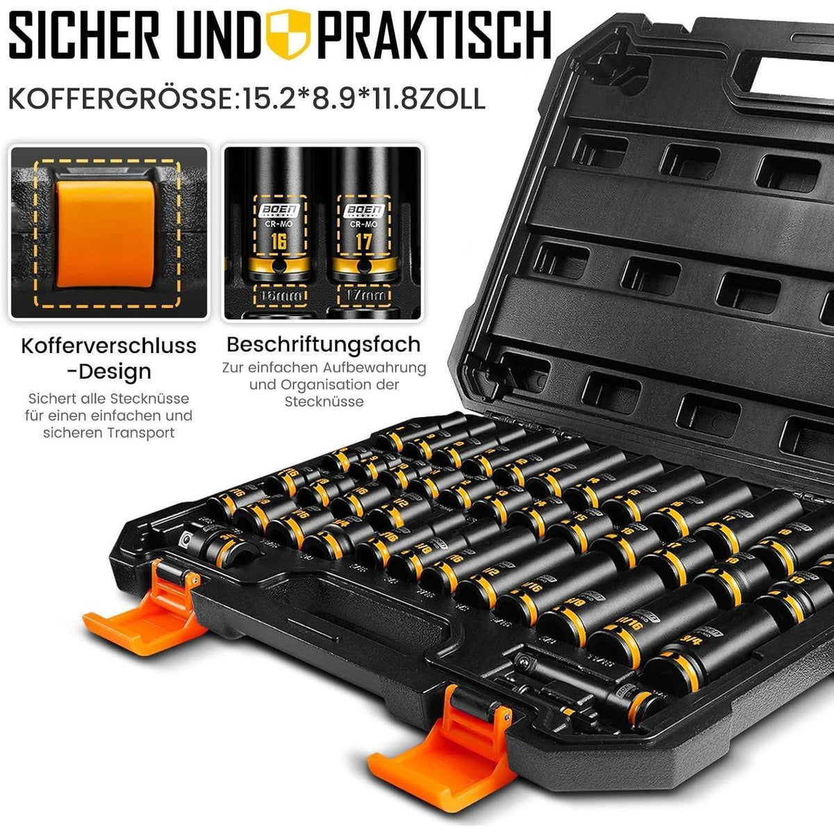 43-teiliges Schlagschrauber-Stecknuss-Set 3/8" CR-MO Stahl Metrisch & SAE
