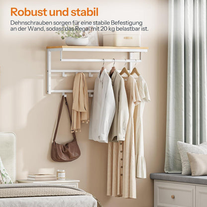 Wandgarderobe mit Regal und 10 Haken, Weiß/Holz, 80x30cm