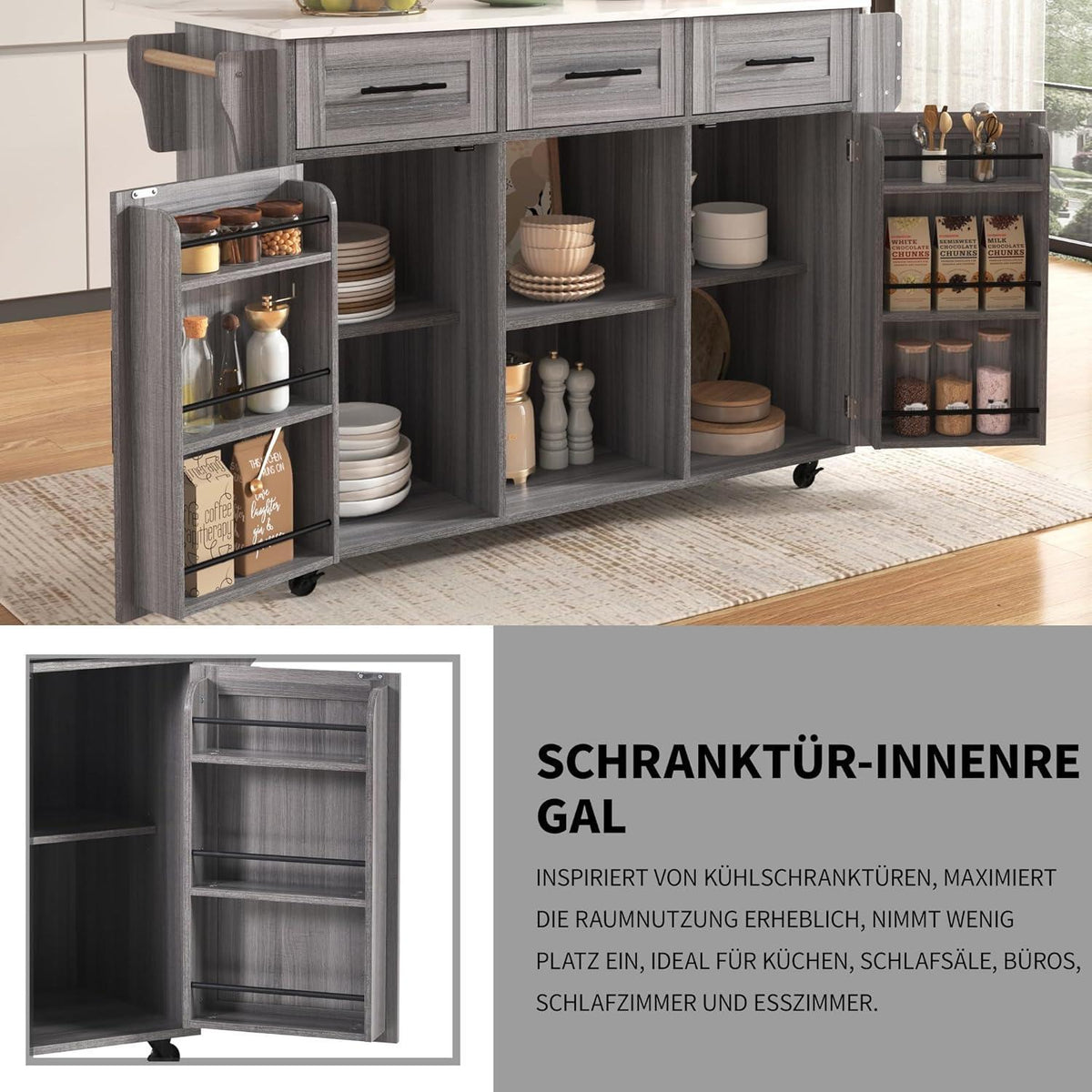 Bewegliche Kücheninsel mit abklappbarer Arbeitsplatte & Stauraum