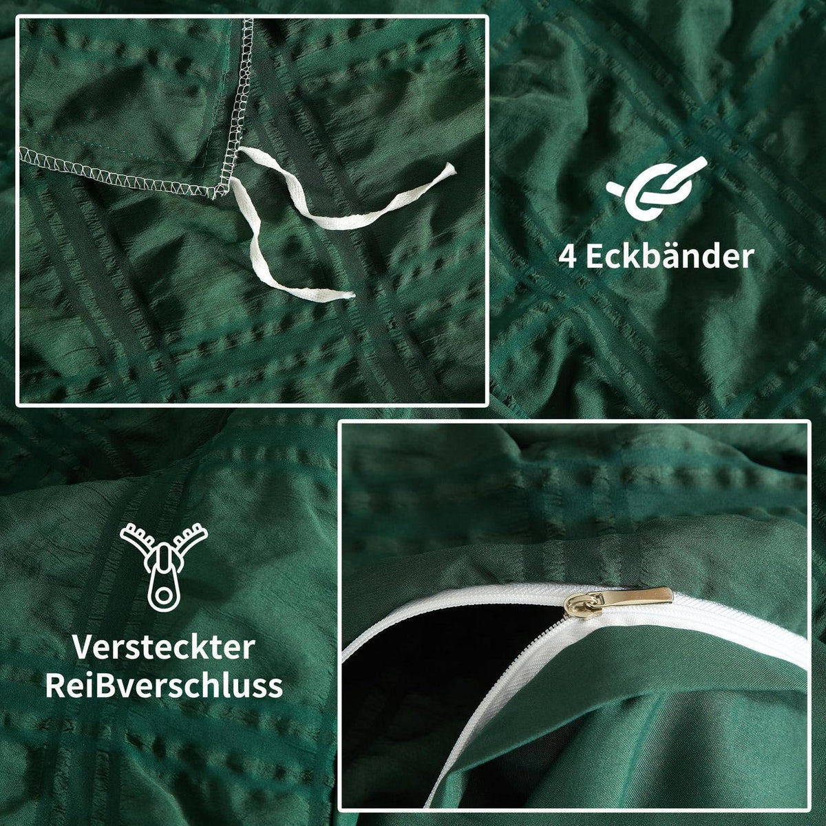 Seersucker Bettwäsche Set 135x200 cm - Dunkelgrün, 4-teilig