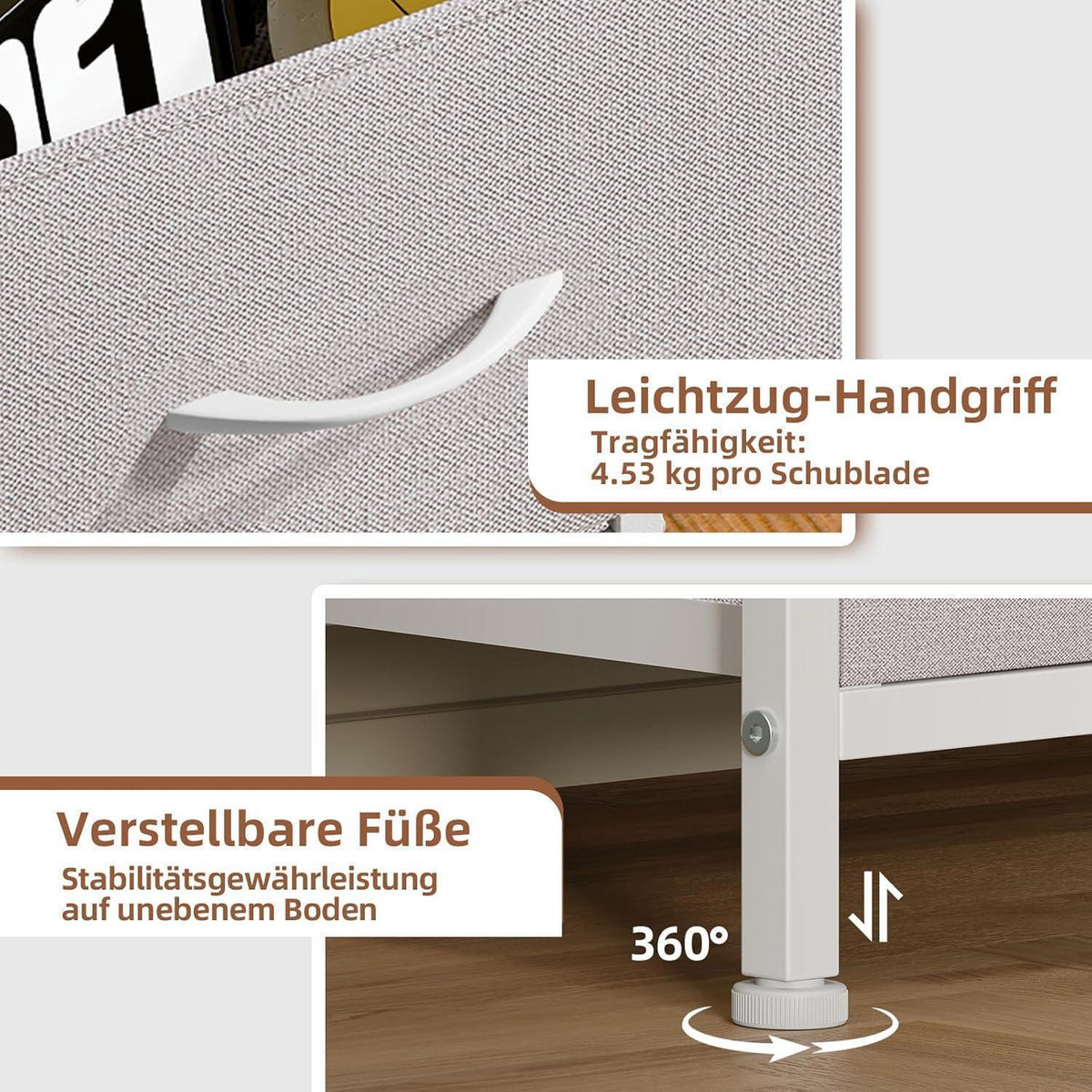 Kommode mit 6 Stoffschubladen – Aschgrau, 115cm hoch