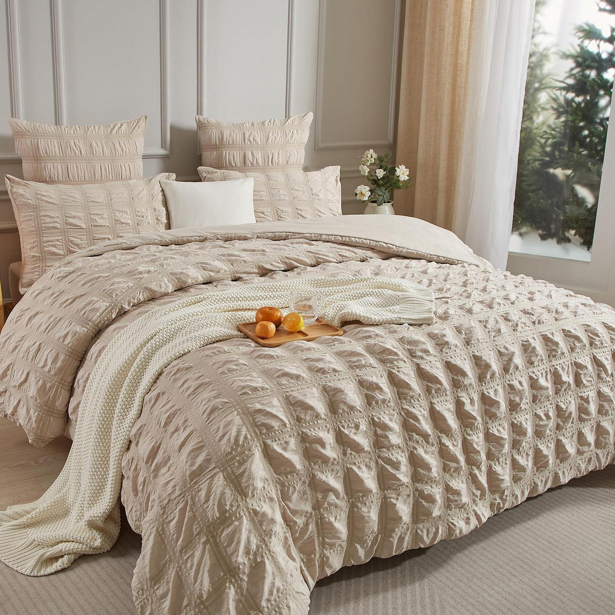 Seersucker Bettwäsche Set 135x200 cm – Kühlend & Flauschig Beige