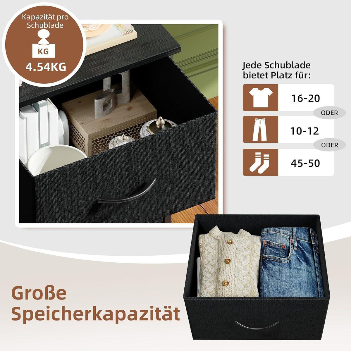 Kommode mit 3 Stoffschubladen, Schwarz – Schlafzimmer & Wohnzimmer
