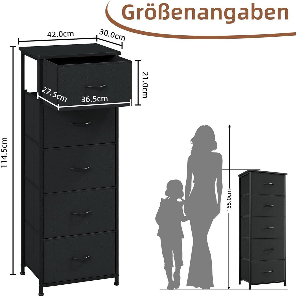 Somdot Kommode mit 5 Stoffschubladen – Schwarz, 114,5 cm hoch