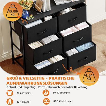 Kommode mit 6 Stoffschubladen – Schwarz, 30x80x71,5 cm